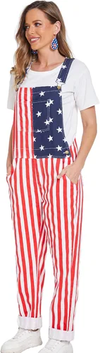 Vista 3 de Yuanbang Overol de bandera americana, con correas ajustables, para hombre, color rojo, blanco y azul, overol de mezclilla del 4 de julio