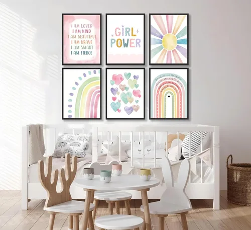 Vista 4 de 6 piezas de arte de pared rosa con diseño de arcoíris boho, patrón de corazón colorido, póster impreso, imágenes en lienzo para poder de niña