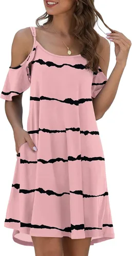 Vista 2 de Jouica Vestido de verano casual con tirantes delgados para mujer, hombros descubiertos, mangas con volantes y bolsillo