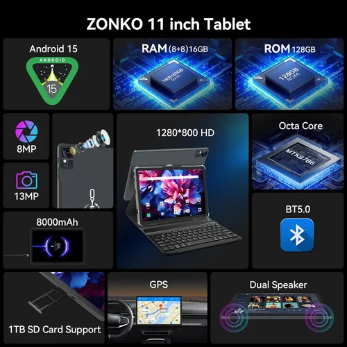 Vista 2 de Tablet de 11 pulgadas versión 2026, tabletas Android 15 con teclado, 16 (8+8) GB de RAM 128 GB ROM 1TB Expand, tableta WiFi 2.4G/5G con BT 5.0