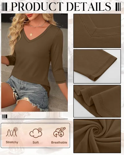 Vista 4 de Ficerd Paquete de 3 camisetas de manga 3/4 para mujer, cuello en V, blusas holgadas, blusas casuales, ropa de moda 2026