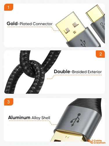 Vista 5 de CableCreation Cable corto USB a USB C de 0.8 pies, cable de carga USB C trenzado para Carplay, Galaxy S23 S23+ S22+ S22 S21 S20 Note 20, MacBook