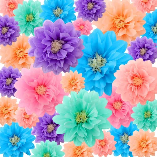 Vista 22 de Geyee 18 Piezas Flores de Papel Mexicanas Coloridas Fiesta Flores de Papel de Seda Pompones Carnaval Mexicano para Fondo Floral de Fiesta Boda