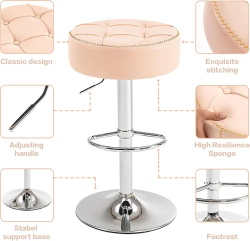Vista 4 de Taburetes de bar circulares giratorios modernos de altura ajustable de 360°, asientos cómodos y elegantes para el hogar y el espacio del bar