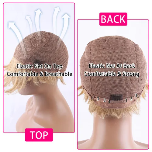 Vista 6 de Pelucas Honey Blonde sin pegamento para usar y quitar, pelucas de cabello humano cortas con corte Pixie para mujeres, peluca de cabello humano corta