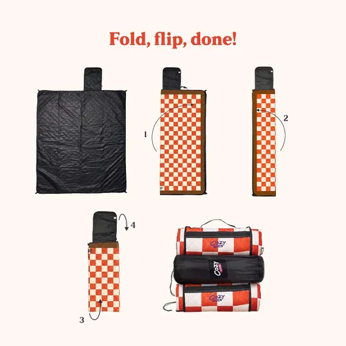 Vista 9 de Cozy Club Manta de picnic impermeable – Alfombra plegable para exteriores de 60 x 70 pulgadas con estacas, bolsillo y correa para el hombro Manta