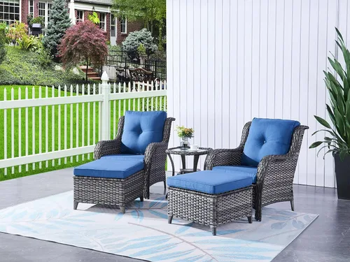 Vista 10 de HUMMUH Juego de 2 sillas de mimbre para patio, sillas de comedor de ratán de polietileno para exteriores, con cojines de asiento de 4 pulgadas