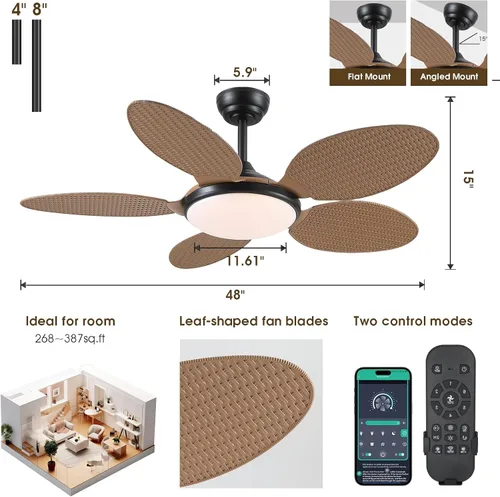 Vista 2 de PHORUS Ventiladores de techo de hoja de palma de 48 pulgadas con luces, ventiladores de techo tropical para exteriores con control remoto