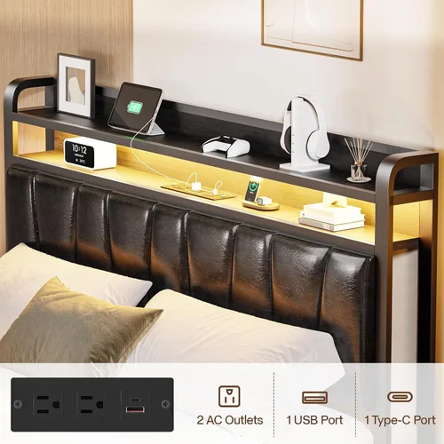 Vista 3 de Base de cama de tamaño matrimonial con estantes de almacenamiento de 2 niveles, marco de cama LED con cabecera de piel sintética, cama de plataforma