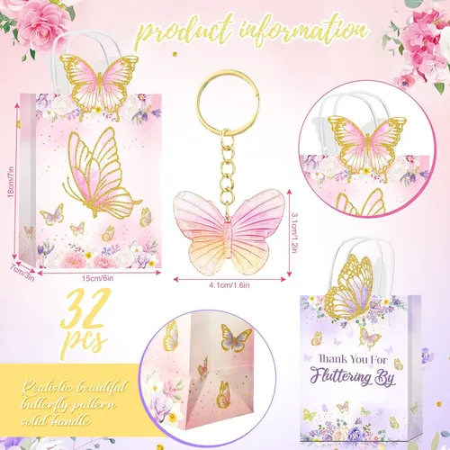 Vista 2 de Leinuosen Juego de 32 piezas de recuerdos de fiesta de mariposas, 16 bolsas de agradecimiento y 16 llaveros de mariposa para baby showers, regalos