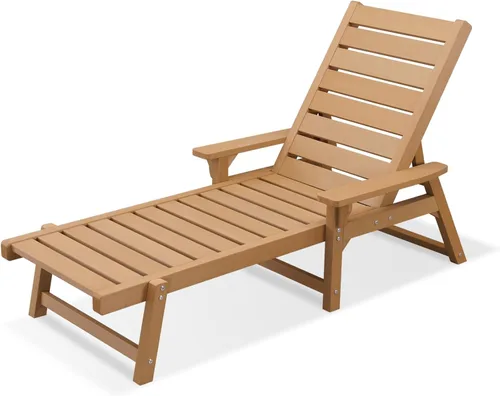 Vista 15 de Chaise Lounge, madera de polietileno, silla de salón al aire libre con respaldo ajustable, resistente a la intemperie, impermeable, a prueba