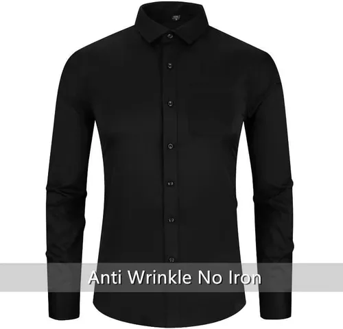 Vista 3 de HUUTOE Camisas de vestir para hombre, manga larga, ajuste regular, color sólido, elástico, para negocios, boda, graduación, camisa grande y alta