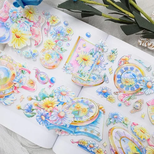 Vista 12 de Cinta washi de rosa para collage original de flores, creatividad, hecha a mano, para libro de diario, material PET con efecto láser (90387)