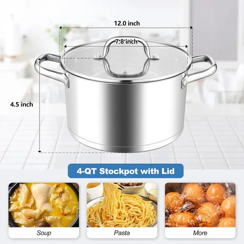 Vista 2 de Homikit Olla de acero inoxidable de 4 cuartos de galón, olla de inducción con tapa para sopa, salsa de pasta, cocinar a fuego lento, parte inferior