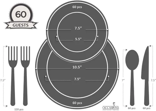 Vista 4 de Juego en combo de vajilla y platos de plástico descartables para bodas OCCASIONS, 150 piezas, para 25 invitados