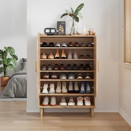Vista 4 de Armario de zapatos con puertas, armario de almacenamiento de zapatos de 6 niveles con estantes ajustables, zapatero independiente organizador
