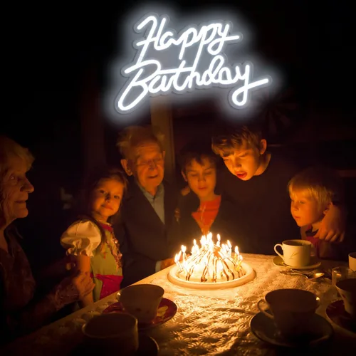 Vista 2 de Letrero de neón de feliz cumpleaños para decoración de fiestas en la pared, letrero con luz LED de feliz cumpleaños para telón de fondo, 16 x 11