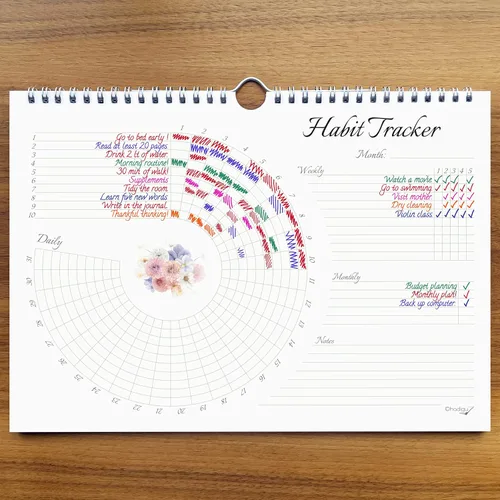 Vista 3 de Calendario de seguimiento de hábitos (sin fecha de 12 meses), diseño floral, encuadernado en espiral y colgador, tamaño A4 (8,3 x 11.7 pulgadas)