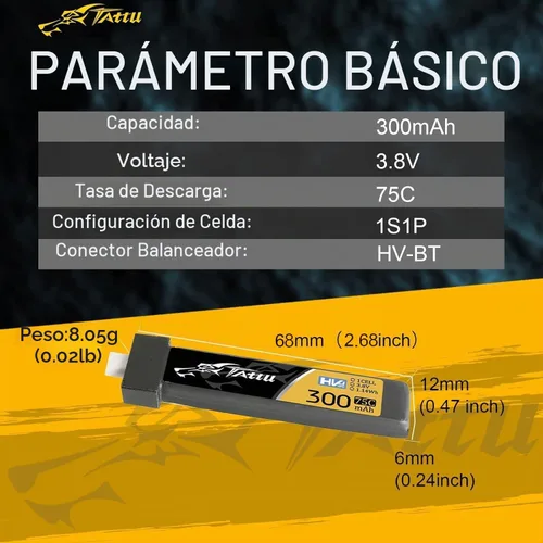 Vista 2 de TATTU 300mAh 3.8V Alto Voltaje 75C 1S1P Lipo Batería con BT 2.0 Plug (5pcs)