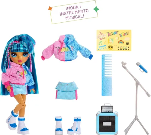 Vista 2 de Rainbow High Jr High Rock Band - Skyler, muñeca de moda azul de 9 pulgadas con micrófono más soporte y amplificador, personalizable con calcomanías