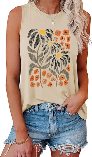 Vista 27 de Hount Camisetas sin mangas para mujer, estilo casual, holgadas, con gráficos, cómodas, para verano, básicas, camisetas tipo túnica 10-beige