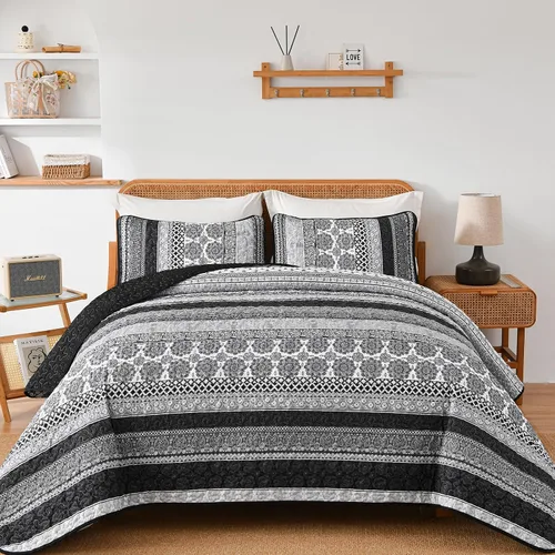 Vista 13 de WONGS BEDDING Juego de Edredón Boho Tamaño Full, Juego de Edredones Bohemios Grises de 3 Piezas, Juego de Ropa de Cama Cubrecama de Microfibra Negro
