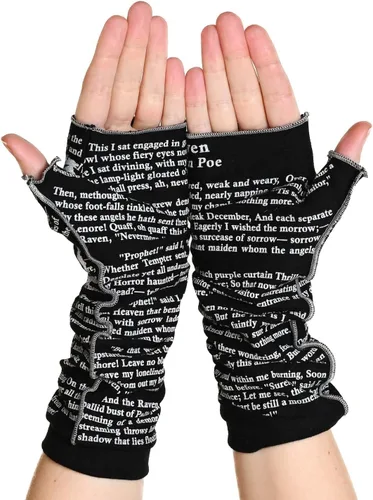 Vista 4 de Storiarts The Raven de Edgar Allan Poe Guantes de escritura – Guantes sin dedos de algodón suave para mujeres con impresión de poema clásico
