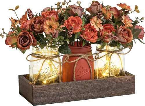 Vista 8 de 3 Piezas Centro de Mesa con Tarro de Conservas Decoraciones para Comedor, Mesa de Café de Granja con Bandeja de Madera y Luz LED, Centros de Mesa