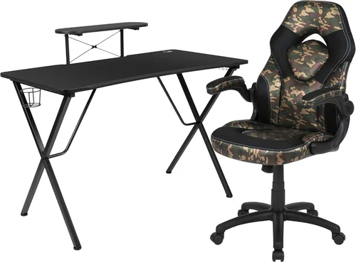 Vista 64 de Flash Furniture Juego de escritorio para juegos negro y silla de carreras blanco/negro con soporte para tazas, gancho para auriculares y soporte