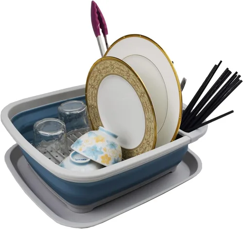 Vista 7 de SAMMART Escurridor de platos plegable de 8L (2.11 galones) con escurridor, juego de escurridor plegable, organizador de vajilla portátil, bandeja
