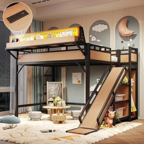 Vista 8 de Cama tipo loft de tamaño matrimonial con escaleras de almacenamiento integradas, armario, marco de cama alta de metal con barandilla lateral