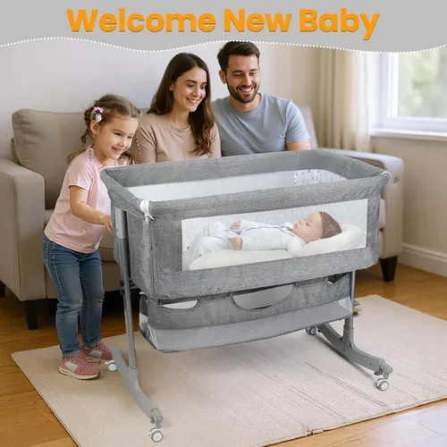 Vista 6 de 3-in-1 Bedside Crib for Baby, Adjustable Height Bassinet with Wheels, Storage Basket & Mosquito Net, Portable Baby Bed Splicing Rocking Cradle for