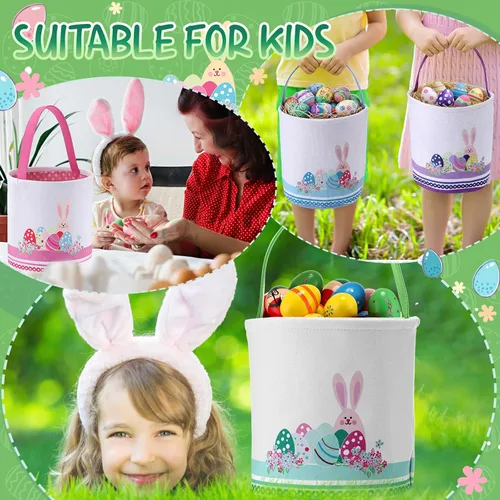 Vista 4 de Honeydak 4 cestas de Pascua para niños, bolsas de caza de huevos de Pascua, bolsas de lona de regalo, cubos de huevos con asas para caza de huevos