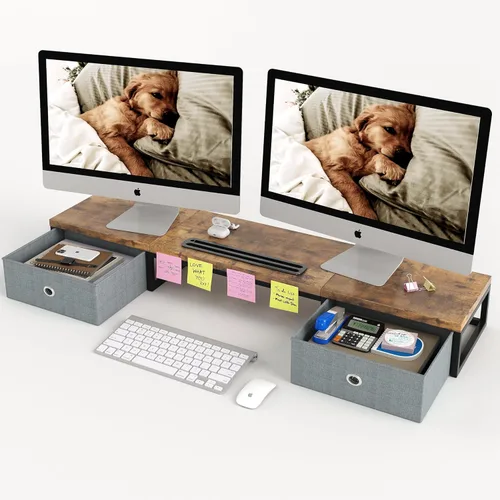 Vista 10 de Soporte elevador para monitor doble de 39 pulgadas con 2 cajones, soporte grande de madera negra para 2 monitores, organizador de escritorio