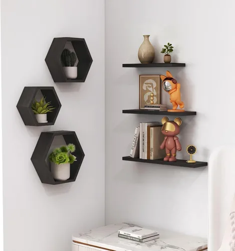 Vista 9 de Estantes flotantes hexagonales de madera para montar en la pared, juego de 6 estantes hexagonales de madera de pino para fotos, plantas, estantes