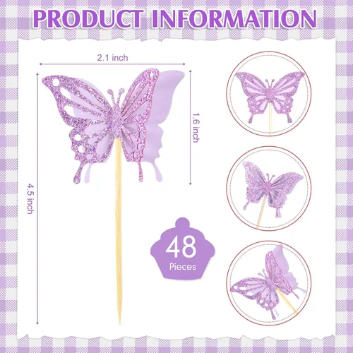 Vista 2 de Chinco 48 piezas de decoración de pastel de mariposa, decoración de cupcakes de doble capa ensamblada, decoración de pastel de 3D con purpurina