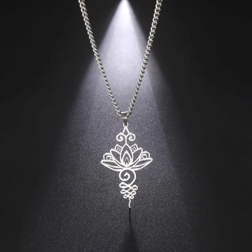 Vista 4 de kkjoy Collar de loto Unalome de acero inoxidable, flor de loto, símbolo de yoga, aretes inspiradores de budismo, joyería para mujer
