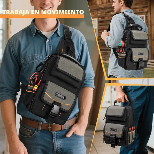 Vista 5 de Bolsa de herramientas para electricistas Trahzia, organizador de herramientas HVAC con cremallera, asa ergonómica y correa de hombro para técnicos