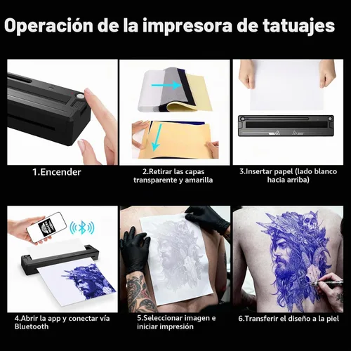 Vista 7 de Nueva impresora de plantillas de tatuajes, kit térmico inalámbrico Bluetooth con 10 papeles de transferencia, se adapta a papel térmico