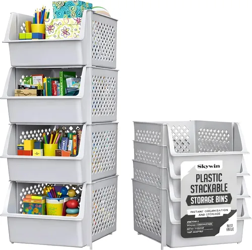 Vista 18 de Skywin TidyFriend - Recipientes apilables de plástico grandes para despensa, paquete de 3 contenedores apilables para organizar artículos esenciales