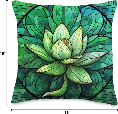 Vista 4 de Aesthetic Lotus Flower Gifts For Yoga Women Cojín abstracto de flores de loto verde con vitrales florales, 16 x 16, multicolor