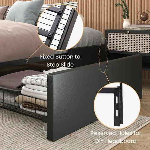 Vista 6 de SHA CERLIN Base de cama moderna de plataforma completa con 3 cajones de almacenamiento, diseño de panel lateral de ala, tapizado de piel sintética
