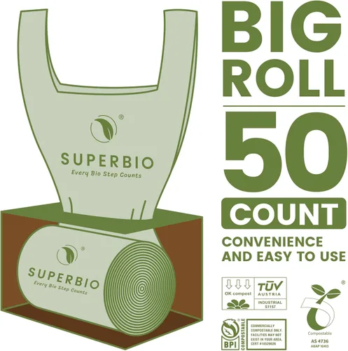 Vista 7 de SUPERBIO Bolsas compostables para restos de comida con asa de 1.6 galones, bolsas pequeñas de compost con asas, 50 unidades, 2 paquetes, BPI y OK