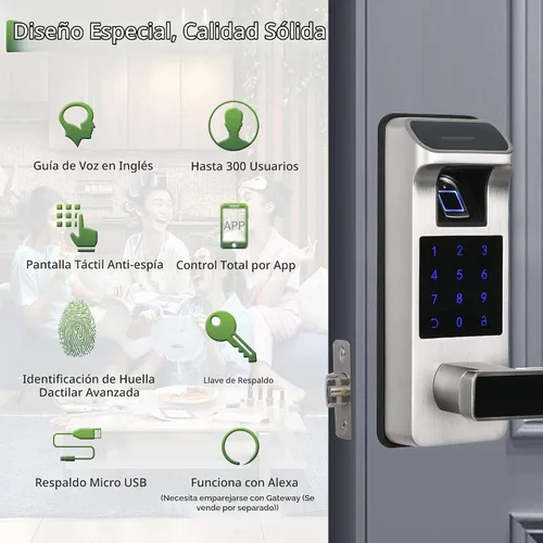 Vista 2 de Cerradura de puerta inteligente, cerradura de puerta de entrada 5 en 1 sin llave, bloqueo de teclado digital con control completo de aplicación