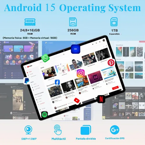 Vista 3 de Tablet de 11 pulgadas, tabletas Android 15 2025 con Octa Core, 24GB+256GB, cámara de 13+5MP, tabletas electrónicas con Widevine L1, batería