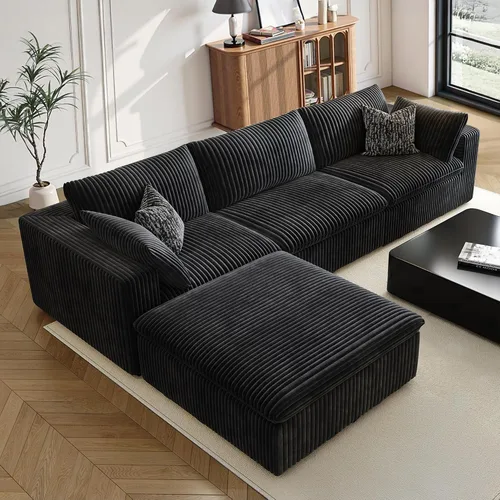 Vista 52 de 118" Cloud Couch Oversized Modular Sectional Sofa, Boneless L-Shaped 6 Seater Deep Seat Couch with Ottoman, Soft Corduroy Upholstery, DIY Negro