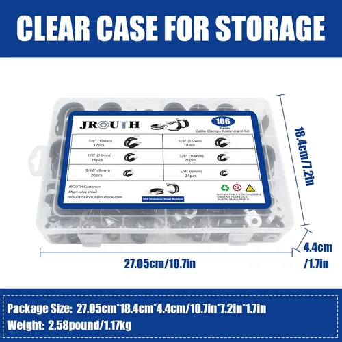 Vista 6 de Kit surtido de 106 abrazaderas de cable, (0.23 a 0.79 pulgadas) - Abrazadera de tubo aislada acolchada de acero inoxidable 304, abrazadera de bucle