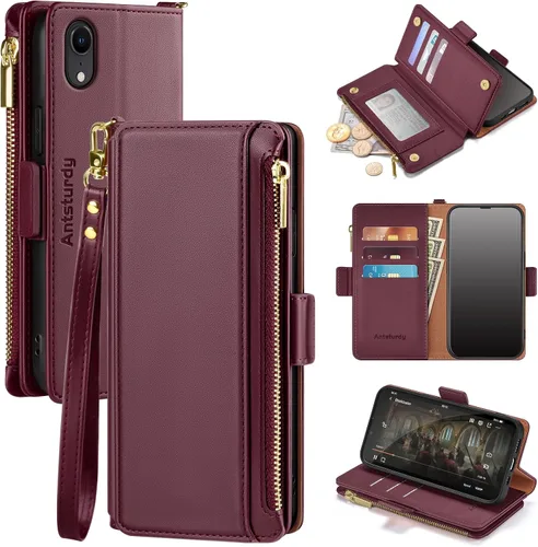 Vista 10 de Antsturdy Funda compatible con iPhone XR tipo cartera para mujer, bloqueo RFID, de piel sintética, funda cruzada para teléfono, con cremallera
