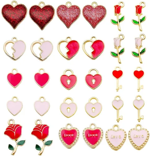 Vista 18 de WOCRAFT 24 dijes de pulsera de corazón de amor para hacer joyas, San Valentín, boda, rosa, flor, para bricolaje, collares, llaveros y suministros