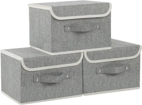 Vista 32 de Cajas de almacenamiento, contenedores de almacenamiento plegables con tapas, cestas de almacenamiento de tela de algodón y lino con asa
